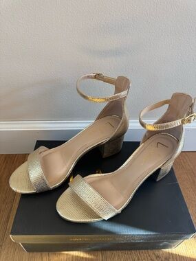 Lulu's Metallic Gold Ankle-Strap Block Heel Sandals